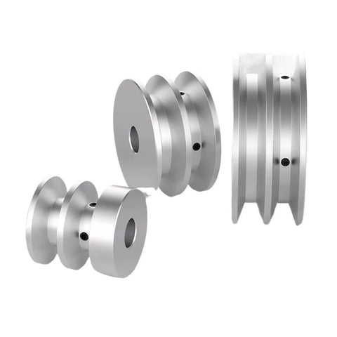 Precision Double Groove Aluminum Alloy Pulley With 10mm Round V Belt For High Power Motor Drive Wheel 3 sizes on polished surface.