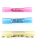 Hella Reliable Heat Shrink Wire Connectors And Electrical Terminals Assortment Kit With Flame Retardant Insulated Sleeves For Waterproof Auto Repair And Diy Wire Splicing Projects Including A Full 300 Piece Pack - colored heat shrink connectors in pink, blue and yellow for wire splicing.