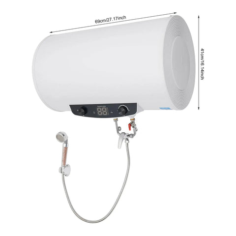 Heavy Duty Horizontal Electric Water Heater Featuring A Nifty Digital Display And Generous 70 Liter Reserve Plus 110V Plug Right In Hook Up image showing dimensions.