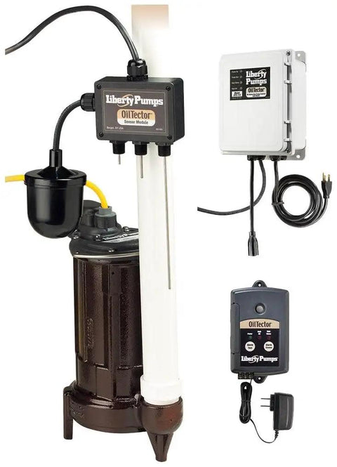 Straight Up Reliable 3/4 HP Cast Iron Elevator Sump Pump System With 115V Plug And Play Wiring Remote Alarm And Heavy Duty Oil Protection Control For Serious Wastewater Hauling, featuring OilTector sensor module.
