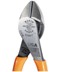 Close-up of Beefy Diagonal Cutting Pliers 7 Inch With High Leverage Design For 36 Percent Greater Cutting Power, orange handles visible.