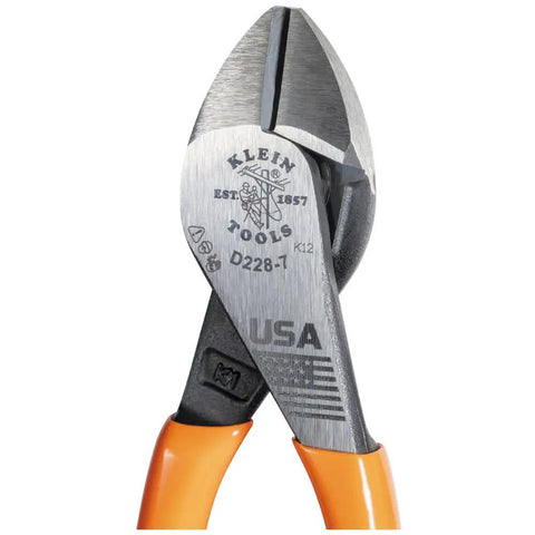 Close-up of Beefy Diagonal Cutting Pliers 7 Inch With High Leverage Design For 36 Percent Greater Cutting Power, orange handles visible.