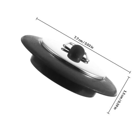 Rubber Bathtub Drain Stopper Plug with Stainless Steel Seal, side view showing dimensions 7.7 cm and 4.5 cm.