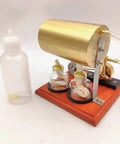 Hands-On Mini Steam Engine Generator Kit For Adults with brass boiler and glass jars on wooden base for educational experiments.