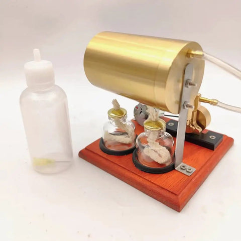 Hands-On Mini Steam Engine Generator Kit For Adults with brass boiler and glass jars on wooden base for educational experiments.
