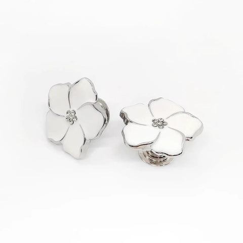 White Flower Petal Cabinet Knob Set Sleek Zinc Alloy Pull Handles With Rhinestone Centers, 4 Pieces, Silver Finish, two knobs shown