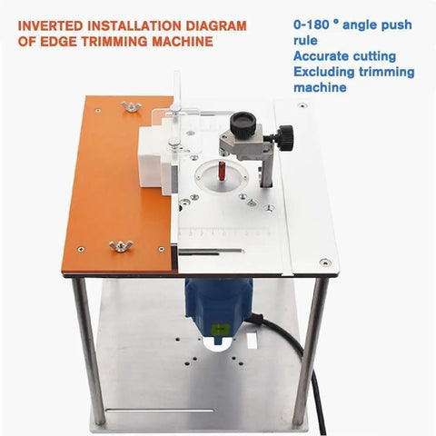 Rock Solid Aluminum Router Table Insert With Easy Peasy Flip Miter Guide For Solid Wood Milling And Rip Through Precise Cuts On Any Custom Workbench Board Station, top view with edge trimming machine setup.
