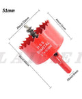 Red 2 Inch Hole Saw Drill Bit For Wood PVC And Plasterboard With Arbor Bi Metal HSS Cutter 51mm Hole Saw features dimensions.