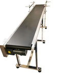 Solid Build PVC Belt Conveyor Workhorse With Double Guardrails 110V Powered Material Handling Rig, long black belt on a stainless steel base.