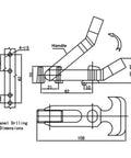 Technical drawing of Universal Rubber Flexible T Handle Hasp Draw Latch Kit for car, truck, toolbox, dimensions included.