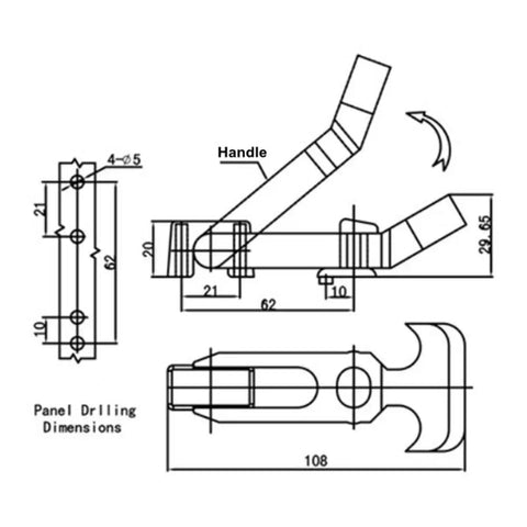 Technical drawing of Universal Rubber Flexible T Handle Hasp Draw Latch Kit for car, truck, toolbox, dimensions included.