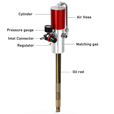 Badass Heavy Duty Pneumatic Grease Pump For 50 Gallon Drums With 16 Foot Hose And Universal Drum Cap Adapter Air Powered Grease Gun Pro Grade Workhorse For Shop Floors showing components like cylinder, air hose, and oil rod.