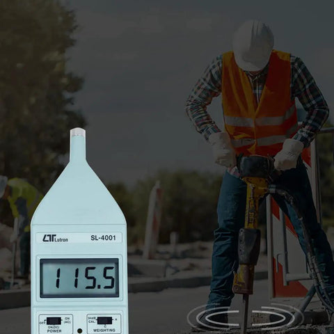 Pro Grade Class 1 Sound Level Meter Model SL4001 showing 115.5 dB reading next to construction worker using equipment.