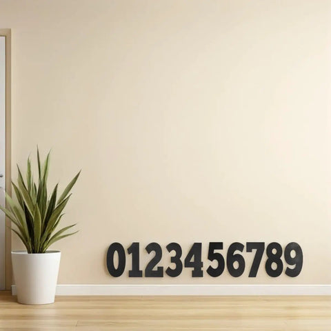 Six Sheets Black 4 Inch Outdoor Alphabet Decals Self Adhesive PVC Vinyl Letters For Signs Mailboxes And Dorm Doors Easy Peel And Stick Weatherproof Durable Outdoor Lettering Residue Free Repositioning DIY Ready black number decals on wall beside potted plant