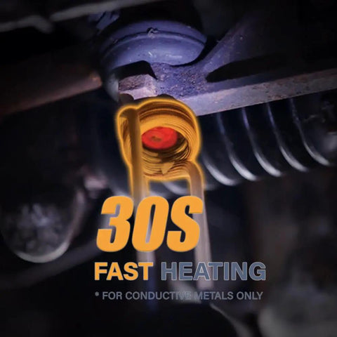 Heavy Duty 1500W Magnetic Induction Heater Kit For Rapid Bolt Removal And Frozen Bearing Extraction With Four Interchangeable Coils And Carry Case To Kick Loose Rusted Nuts Without Breaking A Sweat In Your Shop showing 30s fast heating coil on rusted metal.