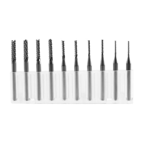 10 Pieces CNC End Mill Bit Set Carbide Router Bits for PCB Milling displayed in a clear case