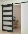 48 Inch By 84 Inch 5 Lite Tempered Frosted Glass Sliding Barn Door With Black Finish Composite Interior Hardware Kit And Rail System Left Or Right Mount Easy Assembly Dope Modern Farmhouse Vibe installed in hallway