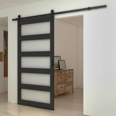 48 Inch By 84 Inch 5 Lite Tempered Frosted Glass Sliding Barn Door With Black Finish Composite Interior Hardware Kit And Rail System Left Or Right Mount Easy Assembly Dope Modern Farmhouse Vibe installed in hallway