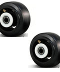 Heavy Duty Rubber On Cast Iron Wheels With Half Inch Straight Roller Bearings For Dumpsters And Trash Carts 4 Inch Diameter 2 Inch Wide Tough As Nails Industrial Caster Set Of 2 Black showing two black wheels with white bearings.
