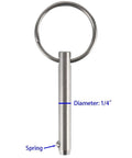 Stainless steel quick-release pin with ring handle for easy removal, 1/4 in. diameter, 2 in. overall length