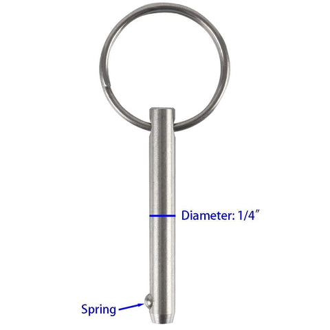 Stainless steel quick-release pin with ring handle for easy removal, 1/4 in. diameter, 2 in. overall length