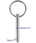 2 Pack Quick Release Pin One Quarter Inch Diameter, Overall Length Two Inches, Usable Length One And A Half Inches, Marine Grade 316 Stainless Steel Bimini Top Pin For Boats And Marine Hardware shown