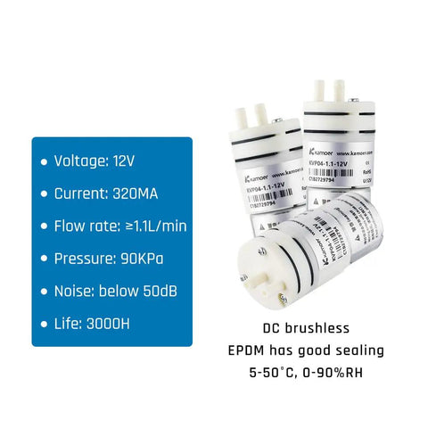 Kvp04 12v Micro Vacuum Pump Featuring Brushless Motor And Epdm Diaphragm, showing compact design and specs for DIY projects.