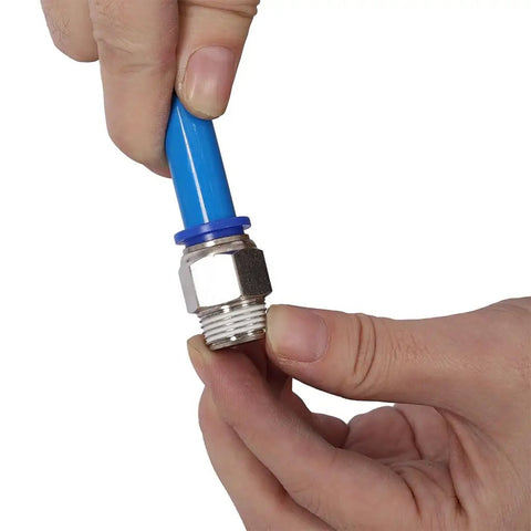 Badass 60 Foot PU Air Hose Line Kit With Push To Connect Fittings Dope Flexibility For Garage Shops And Tight Spaces Killer For Air Tools Pneumatic Nail Guns Real Deal Toughness In Cool Blue Color Gets The Grind Done, blue PU hose with metal push-fit connector