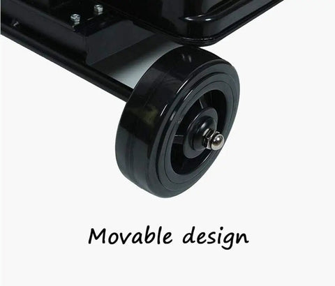 Close-up of Heavy Duty Floor Fan With Three Speed Settings showing movable wheel design for easy transport.