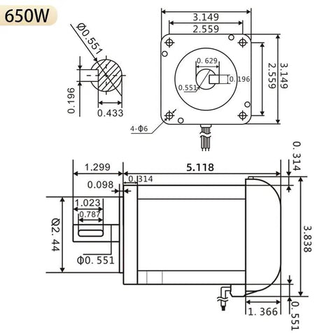Technical drawing of Beefy 650W Brushless DC Motor Kit With Hall Sensor Driver highlighting dimensions and 14mm shaft.