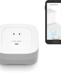 Smart Water Leak Detector 4 With 105dB Alarm, Freeze Warning, Hub Required, next to smartphone showing leak alert app interface