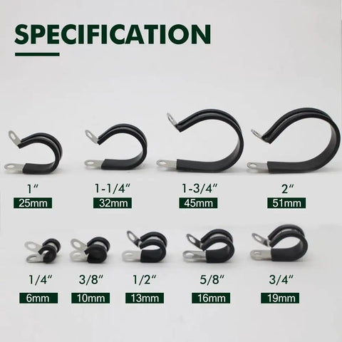 Various sizes of Rugged Heavy Duty 1 Inch Insulated Cable Clamps Kit Ten Pieces Stainless Steel Rust Resistant, displayed in a row