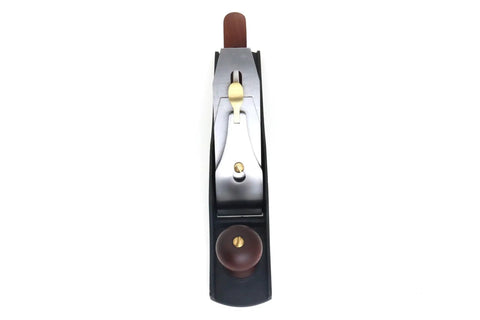 Number Five Bedrock Style Flattop Jack Plane With Fourteen Inch Sole And Two Inch Cryo O1 Steel Blade mounted on a dark base viewed from above.
