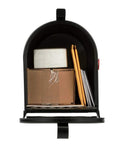 Admiral Large Post Mount Mailbox with rust proof aluminum weather guard door showing interior with packages and letters, 1475 cu in capacity.
