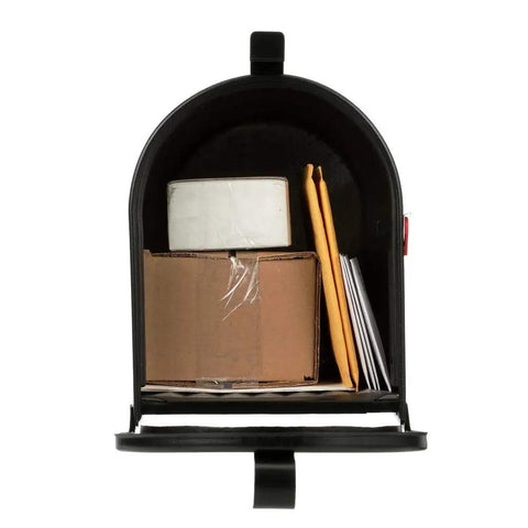 Admiral Large Post Mount Mailbox with rust proof aluminum weather guard door showing interior with packages and letters, 1475 cu in capacity.