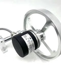 Dead On Accurate Perimeter Wheel Length Measuring Meter Counter With Plug And Play Rotary Encoder showing sleek silver rotary encoder and wheel.