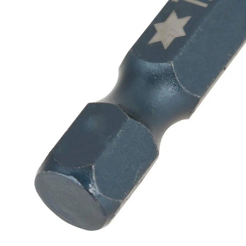 Get The Goods With These 10 Pieces Of 100mm T25 Security Screwdriver Bits Kit That Rock 1/4 Hex Shank Made From Tough S2 Steel Rust Proof And Totally Radial Torque Ready For Pro Drills And DIY Jobs. T25 security screwdriver bit, blue oxide S2 steel, close-up