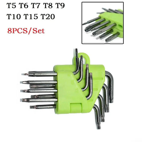 Top Notch 8 Piece L Star Hex Key Set Made From Heavy Duty Chrome Vanadium Steel For Gaming Gadgets And Electronics Fixin' With Pro T7 T8 Bit Power, 8pc Torx set T5-T20 in green holder