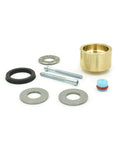 Waterjet swivel repair kit components: brass housing, two screws, metal washers, black O-ring, blue and red seal