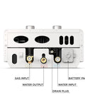 Portable Outdoor Tankless Water Heater Crushes Cold Water Blues With 7 Liters Per Minute Flow showing gas and water connections.