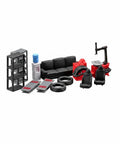 Top Shelf Miniature Vehicle Repair Shop Scene Featuring Resin Seats And Tire Balancing Machine For Collectible Scale Dioramas And Knockout Model Garage Displays with tire machine, seats, and workbench.