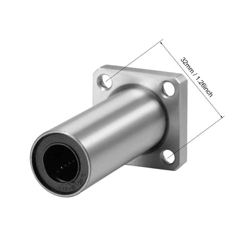 LMK12LUU 12mm linear ball bearing with square flange aluminum housing, side view showing 57mm length and 21mm outer diameter.