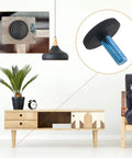 Close-up of blue screw on adjustable leveler for furniture under a cabinet. Keywords: 24 Pack M8 1.25mm Furniture Leveling Feet Screw On Adjustable Levelers For Chairs Tables Cabinets Desks Sofas The Go To Home Office Shop Must Have For Everyday Use.