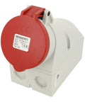 Built Tough Red Wall Mount Power Socket With Standard Mennekes Plugs 32 Amps 400 Volts side view showing IP44 weather sealed design.