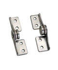 Close-up view of a pair of stainless steel L-shaped damping hinges with mounting plates and dampers