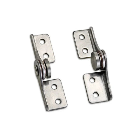 Close-up view of a pair of stainless steel L-shaped damping hinges with mounting plates and dampers