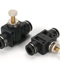 Five Pack One Quarter Inch Pneumatic Air Flow Control Valve Set With Union Straight In Line Speed Controller Fittings on display