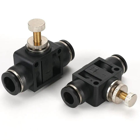 Five Pack One Quarter Inch Pneumatic Air Flow Control Valve Set With Union Straight In Line Speed Controller Fittings on display