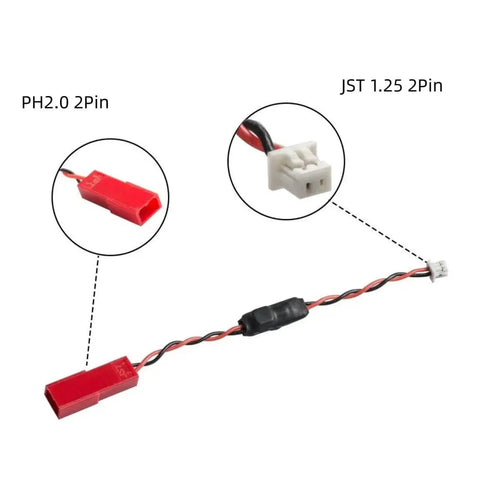 PH2.0 and JST 1.25 2-pin connectors with wiring, red and black cables, highlighting connector and wiring details.