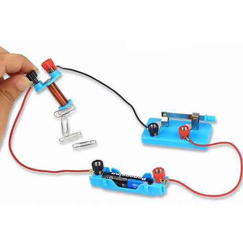 Seventeen Magnet Set for Kids With Electromagnet and Basic Circuit Tools, STEM Lab Toys for Experiments laid out on table